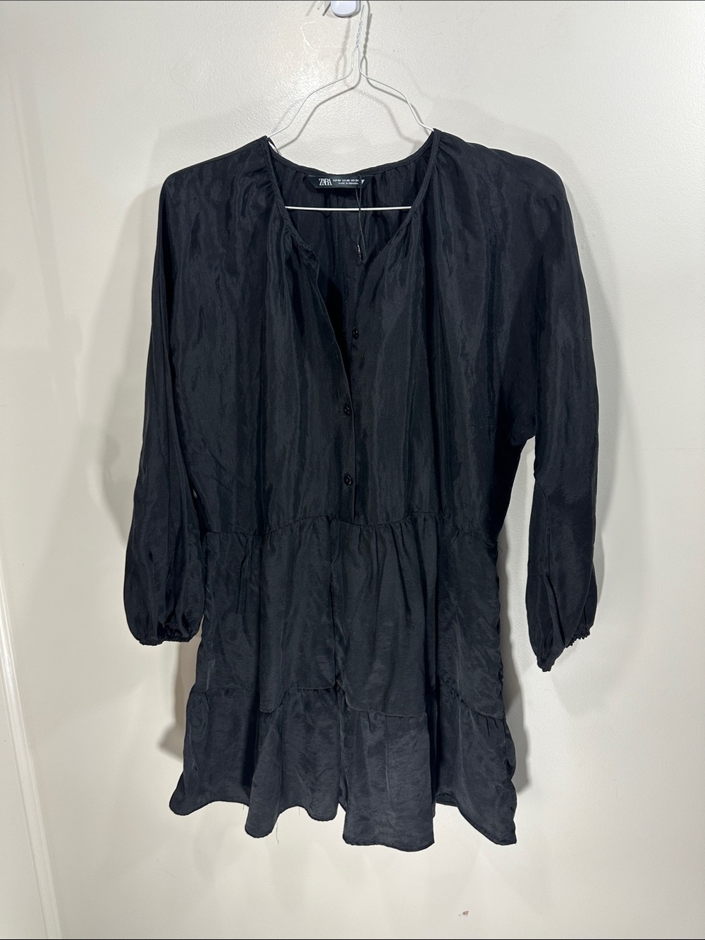 NWOT Zara Black Tiered Button-Front Tunic Blouse Dress XS